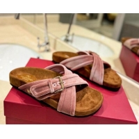 Good Looking Valentino Fussfriend Velvet Flat Slides Sandal with Buckle Strap Lip Pink 812139