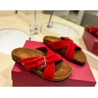 Popular Style Valentino Fussfriend Velvet Flat Slides Sandal with Buckle Strap Red 812140