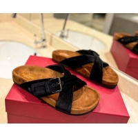 Most Popular Valentino Fussfriend Velvet Flat Slides Sandal with Buckle Strap Black 812141