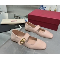 Best Grade Valentino VLogo Locker Mary-Jane Ballerina in Patent Calfskin Nude Pink 082806