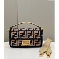 Reasonable Price Fendi Medium Baguette bag in Raffia FF Straw 8273B Black 2024