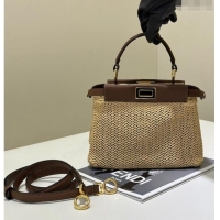 Promotional Fendi Peekaboo Mini Bag in Brown Leather and Beige Raffia Straw F8667 2024