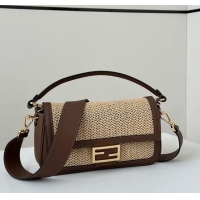 Top Quality Fendi Baguette Medium bag in Raffia Straw and Brown Leather 8666L 2024