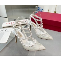 Sumptuous Valentino Rockstud Mesh Pumps with Crystals and Straps 100mm White 082812