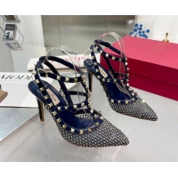 Duplicate Valentino Rockstud Mesh Pumps with Crystal and Straps 100mm Blue 082813