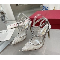 Low Price Valentino Rockstud Mesh Pumps with Crystal and Straps 100mm Silver 082815