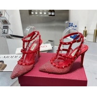 Hot Style Valentino Rockstud Mesh Pumps with Crystal and Straps 100mm Red 082816