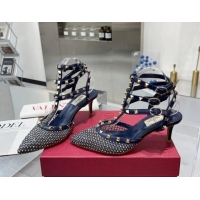 Classic Hot Valentino Rockstud Mesh Pumps with Crystal and Straps 65mm Blue 082819