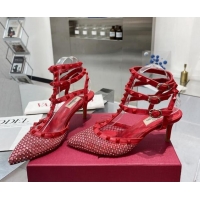 Top Grade Valentino Rockstud Mesh Pumps with Crystal and Straps 65mm Red 082822