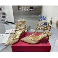 Pretty Style Valentino Rockstud Mesh Pumps with Crystal and Straps 65mm Gold 82825