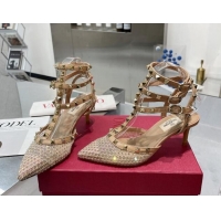 Feminine Valentino Rockstud Mesh Pumps with Crystal and Straps 65mm Beige 082824