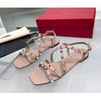 Luxurious Valentino Calfskin Rockstud Sandal with Straps Beige 082834