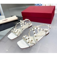 Crafted Valentino Calfskin Rockstud Sandal with Straps White 082833