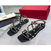 Luxury Cheap Valentino Calfskin Rockstud Sandal with Straps Black 082835