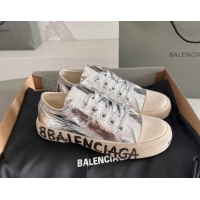 Popular Style Balenciaga Paris Silver Calfskin Low-Top Sneakers with Graffiti 531123