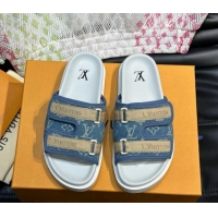 Most Popular Louis Vuitton Men's Monogram Denim Slides Sandal with Strap Blue 724083