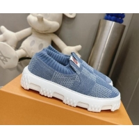 Sophisticated Louis Vuitton Men's LV Space Lander Slip On Sneakers in Damier Denim Light Blue 724101