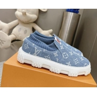 Luxury Louis Vuitton Men's LV Space Lander Slip On Sneakers in Monogram Denim Light Blue 724103