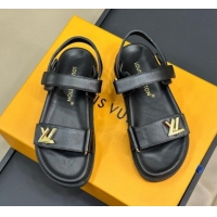 Purchase Louis Vuitton LV Sunset Flat Comfort Sandals in Grained Leather Black 0724119