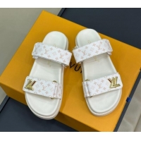 Shop Duplicate Louis Vuitton LV Sunset Flat Comfort Slides Sandal in Mini-Monogram Canvas White 724124