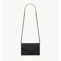 Famous Brand SAINT LAURENT CASSANDRE ENVELOPE CHAIN WALLET IN GRAIN DE POUDRE LEATHER Y742920 Noir