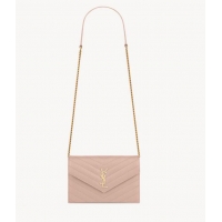 Super Quality SAINT LAURENT CASSANDRE ENVELOPE CHAIN WALLET IN GRAIN DE POUDRE LEATHER Y742920 PALE PINK