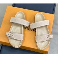 Purchase Louis Vuitton Bom Dia Flat Comfort Slides Sandal in Perforated Mahina Suede Beige 0724129