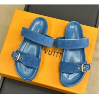 Good Quality Louis Vuitton Bom Dia Flat Comfort Slides Sandal in Perforated Mahina Suede Blue 0724130