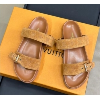 Stylish Louis Vuitton Bom Dia Flat Comfort Slides Sandal in Perforated Mahina Suede Brown 0724131