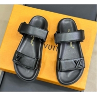 Sumptuous Louis Vuitton Bom Dia Flat Comfort Slides Sandal in Calf Leather All Black 0724132