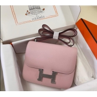 New Cheap Hermes Constance Mini Bag 18cm in Epsom Palm-Grained Leather 8057 3Q Sakura Pink/Silver 2024 (Half Handmade)