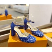 Feminine Louis Vuitton Mary Janes Pumps 8cm in Monogram Textile and Leather Blue 0724133