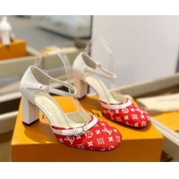 Grade Quality Louis Vuitton Mary Janes Pumps 8cm in Monogram Textile and Leather Red/White 724134 