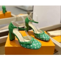 Top Grade Louis Vuitton Mary Janes Pumps 8cm in Monogram Textile and Leather Green 724135 