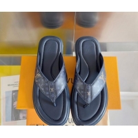 Durable Louis Vuitton Men's Flat Thong Slides Sandal in Calf Leather Dark Blue 0815075