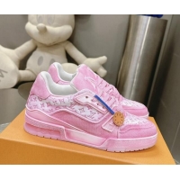 Unique Style Louis Vuitton LV Trainer Sneakers in Bleached Leather and Denim Light Pink 0815095