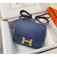 Inexpensive Hermes Constance Mini Bag 18cm in Epsom Palm-Grained Leather 8057 Agate Blue/Gold 2024 (Half Handmade)