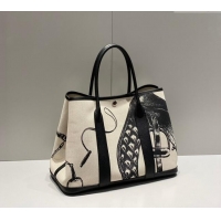 Grade Design Hermes Garden Party Bag 30/36cm in Printed Canvas and Calfskin H8109 Black 2024 (Half Handmade)