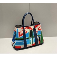 New Fashion Hermes Garden Party Bag 30/36cm in Printed Canvas and Calfskin H8109 Dark Blue 2024 (Half Handmade)