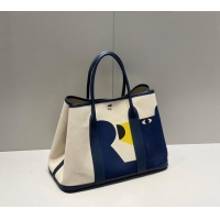 Luxury Cheap Hermes Garden Party Bag 30/36cm in Printed Canvas and Calfskin H8109 Blue Teddy Dog 2024 (Half Handmade)