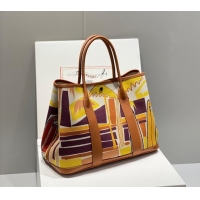 Good Taste Hermes Garden Party Bag 30/36cm in Printed Canvas and Calfskin H8109 Brown/Yellow 2024 (Half Handmade)