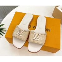 Buy Luxury Louis Vuitton LV Capri Flat Slides Sandal in Raffia Straw White 0815100