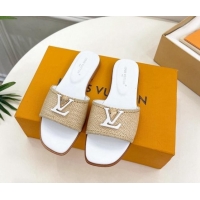 Luxury Louis Vuitton LV Capri Flat Slides Sandal in Raffia Straw White 0815102