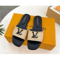 Good Quality Louis Vuitton LV Capri Flat Slides Sandal in Raffia Straw Black 815103