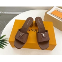 Grade Quality Louis Vuitton LV Capri Heel Slides Sandal 5cm in Calf Leather Dark Brown 0815106