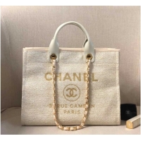 Spot Bulk Chanel Deauville Mixed Fibers and Calfskin Shopping Bag A66941 Beige/White 2024