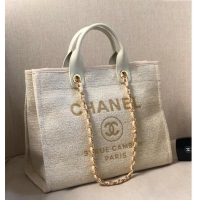 Spot Bulk Chanel Deauville Mixed Fibers and Calfskin Shopping Bag A66941 Beige/White 2024