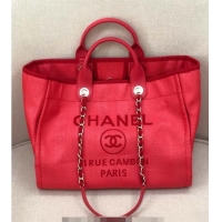 Spot Discount Chanel Deauville Mixed Fibers and Calfskin Shopping Bag A66941 Red 2024