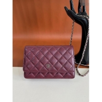 Sophisticated Discount Chanel Lambskin Classic Wallet on Chain WOC CH9092 Dark Burgundy/Silver 2024