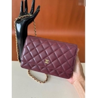 New Release Creation Chanel Lambskin Classic Wallet on Chain WOC CH9092 Dark Burgundy/Gold 2024